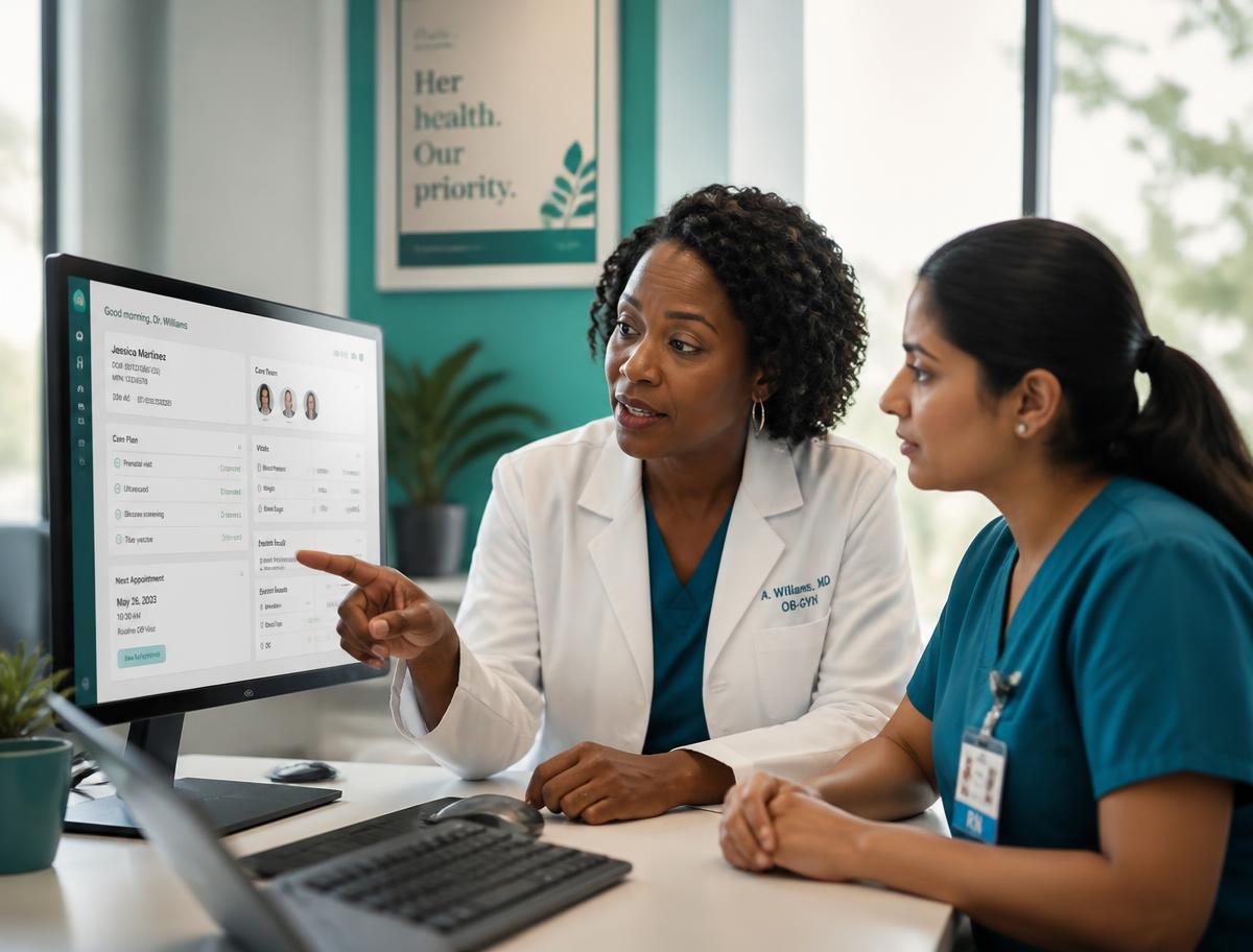 Diverse clinical care team reviewing patient data on a momcradl dashboard